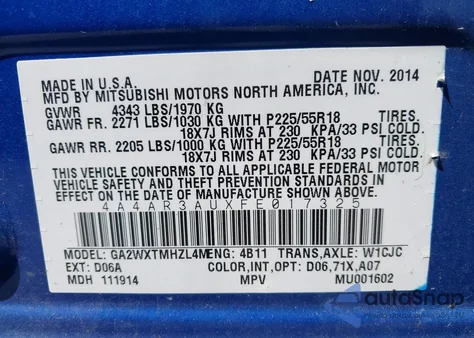 2015 Mitsubishi Outlander Sport Es из США, поврежденный, VIN 4A4AR3AUXFE017325